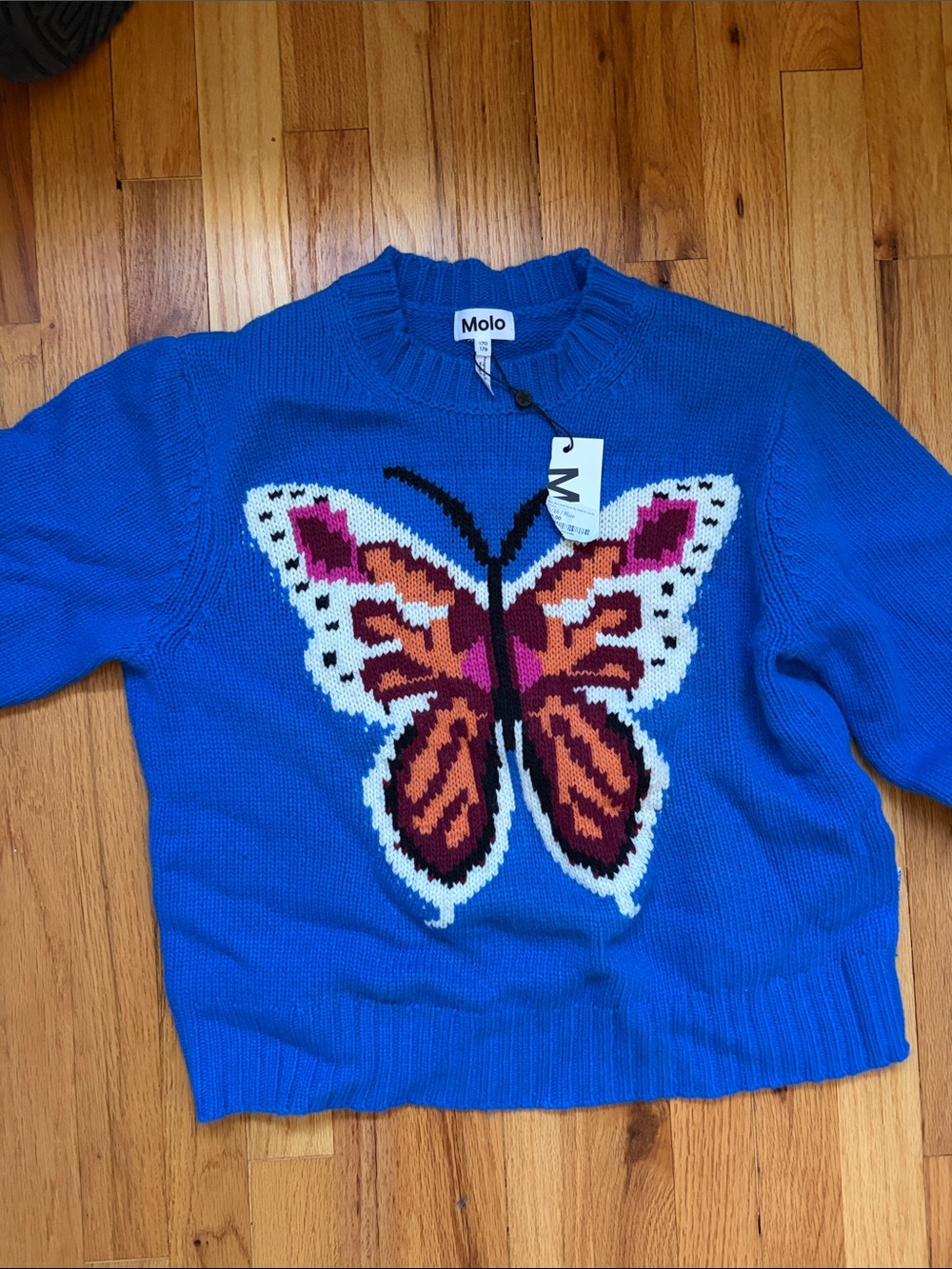 Molo Royal Blue Crewneck Sweater with Multicolor Butterfly